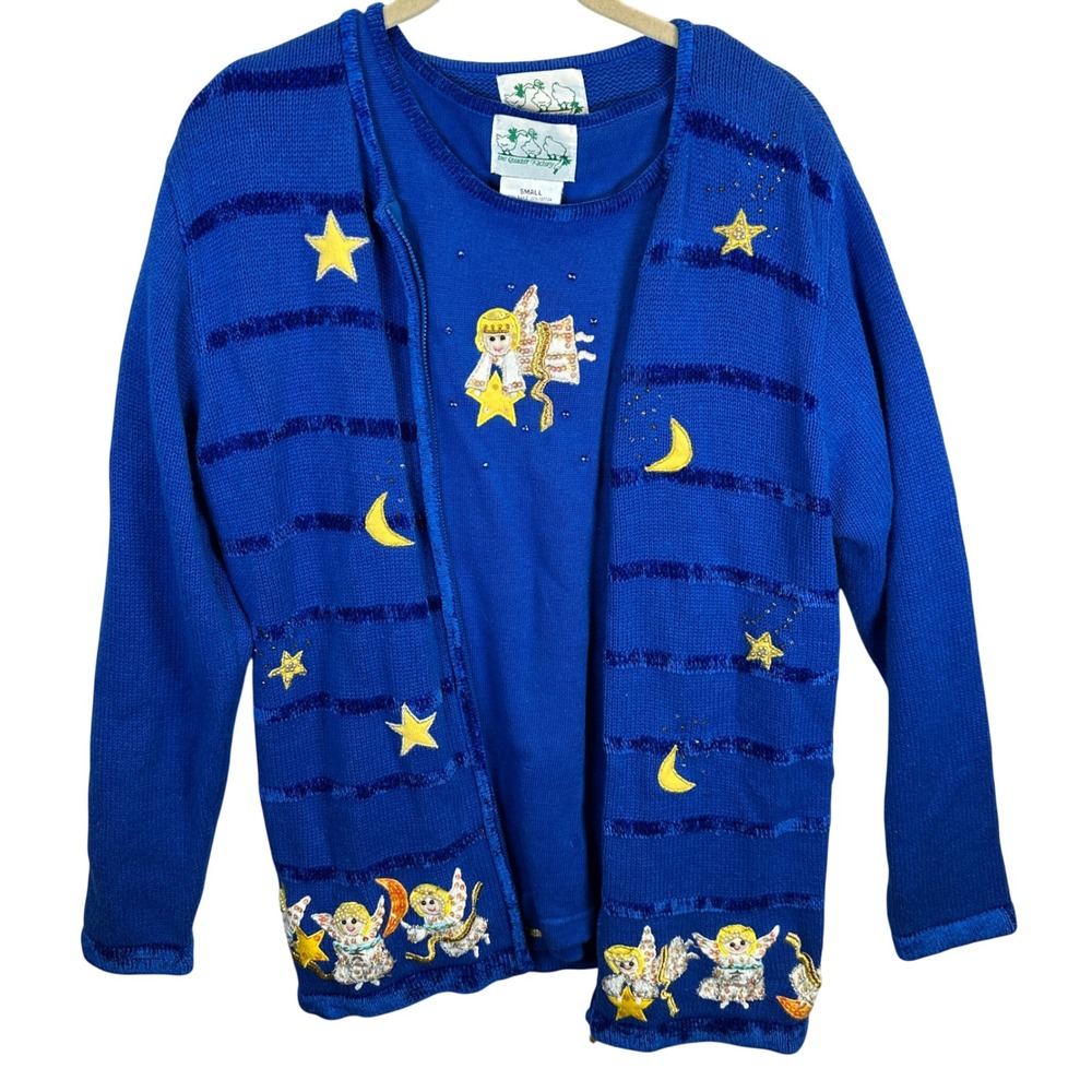 Quacker Factory Angel Celestial Cardigan Shell Set Blue Small Moon Stars NWT